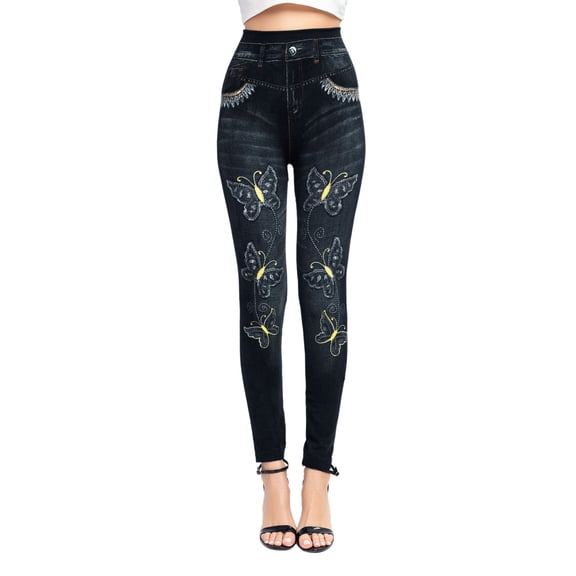 Fsqjgq Plus Size Denim Leggings for Women High Waisted Stretchy Jeans Yoga Pants Butterfly Print Tights Trousers Jeggings 3XL Black