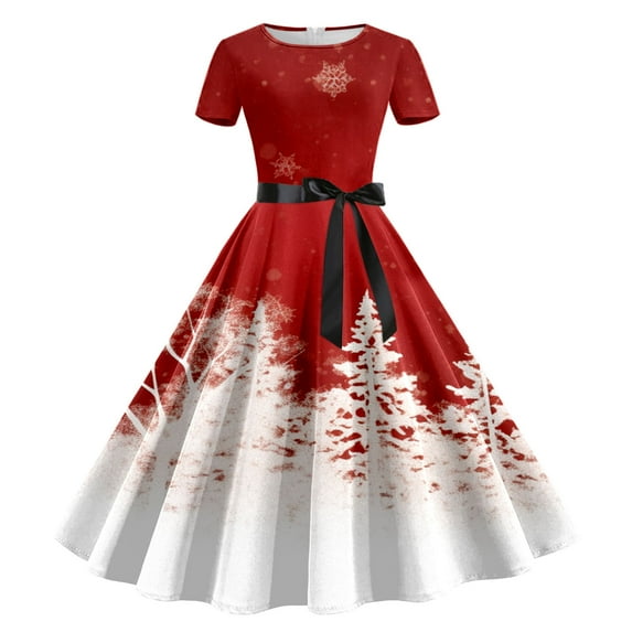 Fsqjgq Plus Size Dresses for Women Christmas Printed Short Sleeve Midi Dress Vintage Flare Swing Holiday Evening Dress L White