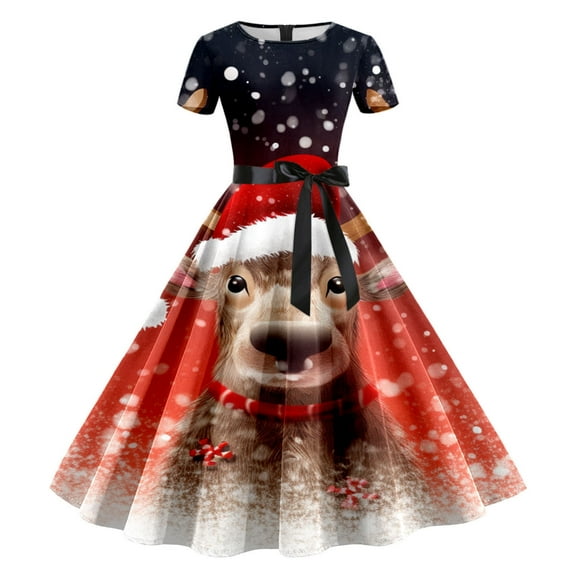 Fsqjgq Plus Size Dresses for Women Christmas Printed Short Sleeve Midi Dress Vintage Flare Swing Holiday Evening Dress XXL