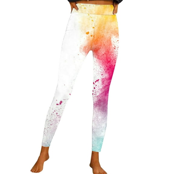 Fsqjgq Plus Size Leggings for Women Fashion Colorful Flower Butterfly Print Yoga Pants High Waist Sports Tights Workout Leggings S White