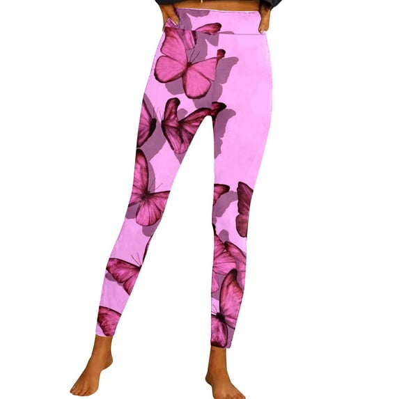 Fsqjgq Plus Size Leggings for Women Fashion Colorful Flower Butterfly Print Yoga Pants High Waist Sports Tights Workout Leggings XL Pink