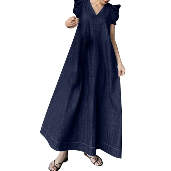 Fsqjgq Plus Size Oversized Denim Dresses for Women Street Fashion V Neck Puff Sleeve Swing Flowy Sundress Long Beach Dress Jeans Summer Dresses M