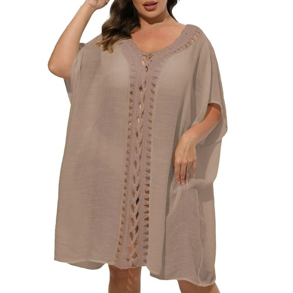 Fsqjgq Plus Size Swimsuit Coverups for Women Half Sleeve Pullover Loose Casual Hollow out Crochet Beach Dresses Bathing Suit Cover ups