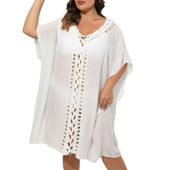 Fsqjgq Plus Size Swimsuit Coverups for Women Half Sleeve Pullover Loose Casual Hollow out Crochet Beach Dresses Bathing Suit Cover ups