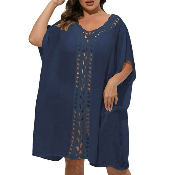 Fsqjgq Plus Size Swimsuit Coverups for Women Half Sleeve Pullover Loose Casual Hollow out Crochet Beach Dresses Bathing Suit Cover ups