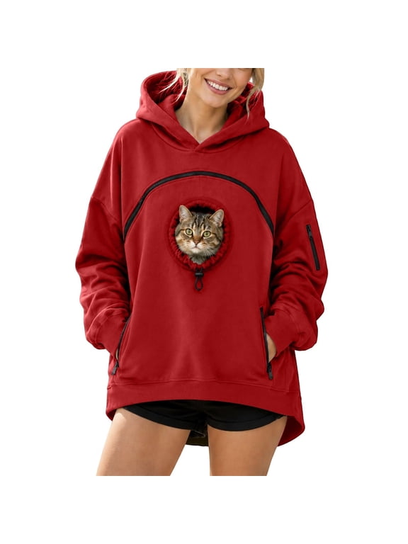 Women Pouch Kangaroo Pocket Fleece Cat Dog Hoodie, Red,L3
