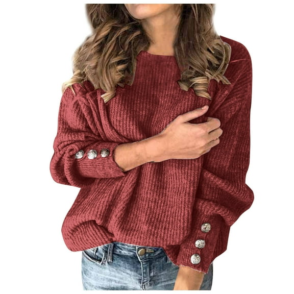 Fsqjgq Ribbed Knit Crewneck Sweaters for Women Fall Winter Fashion Buttons Long Lantern Sleeve Pullover Plus Size Warm Top 3XL,