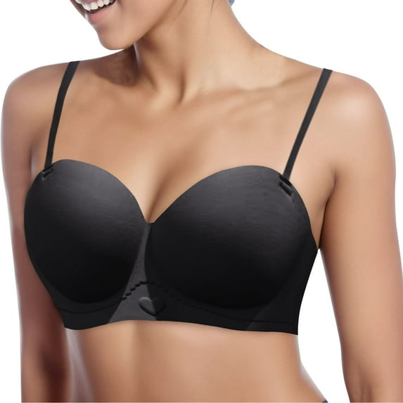 Fsqjgq Seamless Strapless Bras for Women Comfort Smoothing Half Cup Push Up Bras Adjustable Thin Straps Convertible Bralettes Underwear Tops Black Size M