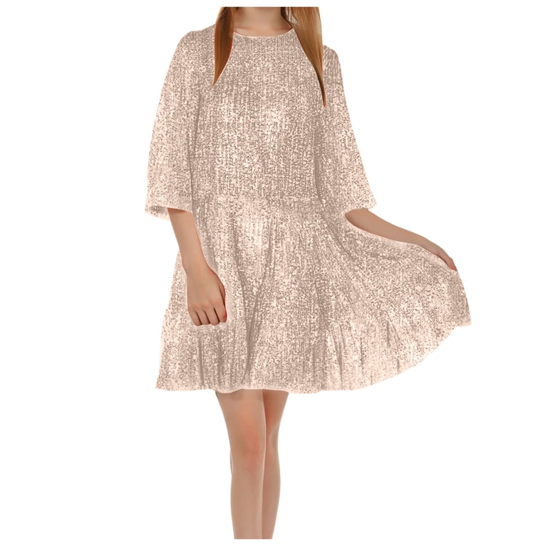 Fsqjgq Sequin Wedding Guest Dresses for Women Elegant Cute Half Sleeve  Flowy Tiered Ruffle Sparkly Glitter Dress Prom Formal Dresses Beige S -  Walmart.com