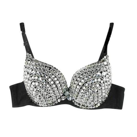 Fsqjgq Sequined Rhinestone Bras for Women Punk Style Push up Gathered Bra Stage Dance Lingerie Plus Size Underwear White S