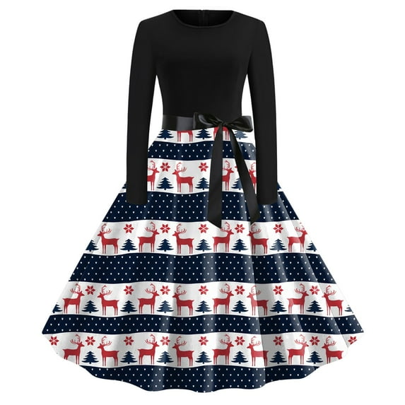Fsqjgq Sexy Dresses for Women Vintage Christmas Dresses for Women Long Sleeve Crew Neck 1950s Evening Party Prom Party Dress Belt Ruffle Dress Blue Dresses Red Dress XL
