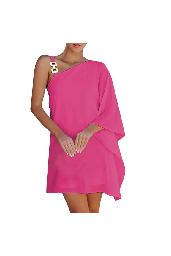 Sexy One Shoulder Summer Dresses for Women Half Batwing Sleeve Metal Straps Beach Dress Casual Loose Sundress Holiday Party Dresses XL