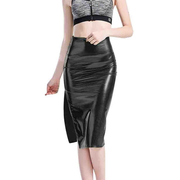 Fsqjgq Sexy Shiny Leather Skirts for Women High Waisted Slim Straight Pencil Skirt Ruched Sequin Clubwear Party Skirts Yellow Skirt 2XL