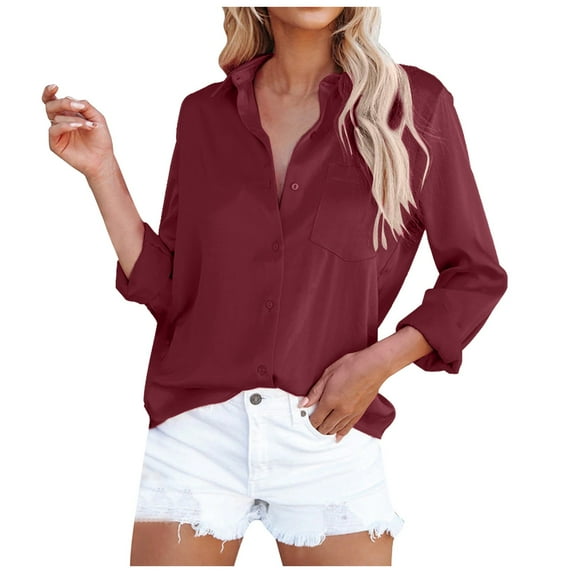 Fsqjgq Shirts Womens Tops Red Blusas Long Sleeve Shirts for Women Ruffle Tops for Women Casual Lapel Button Down Shirts Cotton Dress Shirts Long Sleeve Blouses V Neck Solid Casual Tunics Tops with Po