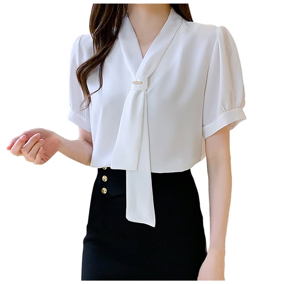 Fsqjgq Shirts Womens Tops Trendy White Tunic Long Sleeve Button Down Shirts for Women Denim Shirt Women Short Sleeved Summer New Top With Streamer Bow Tie V Neck Fashion Age Reduction Work Small Shir