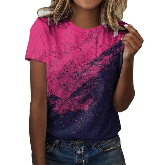 Fsqjgq Short Sleeve Shirts for Women Casual Women Clothing Loose Tunic for Womens Casual Summer Tops Floral Short Sleeve Round Neck Tee T Shirt Flower Printed Loose Blouse Pink L