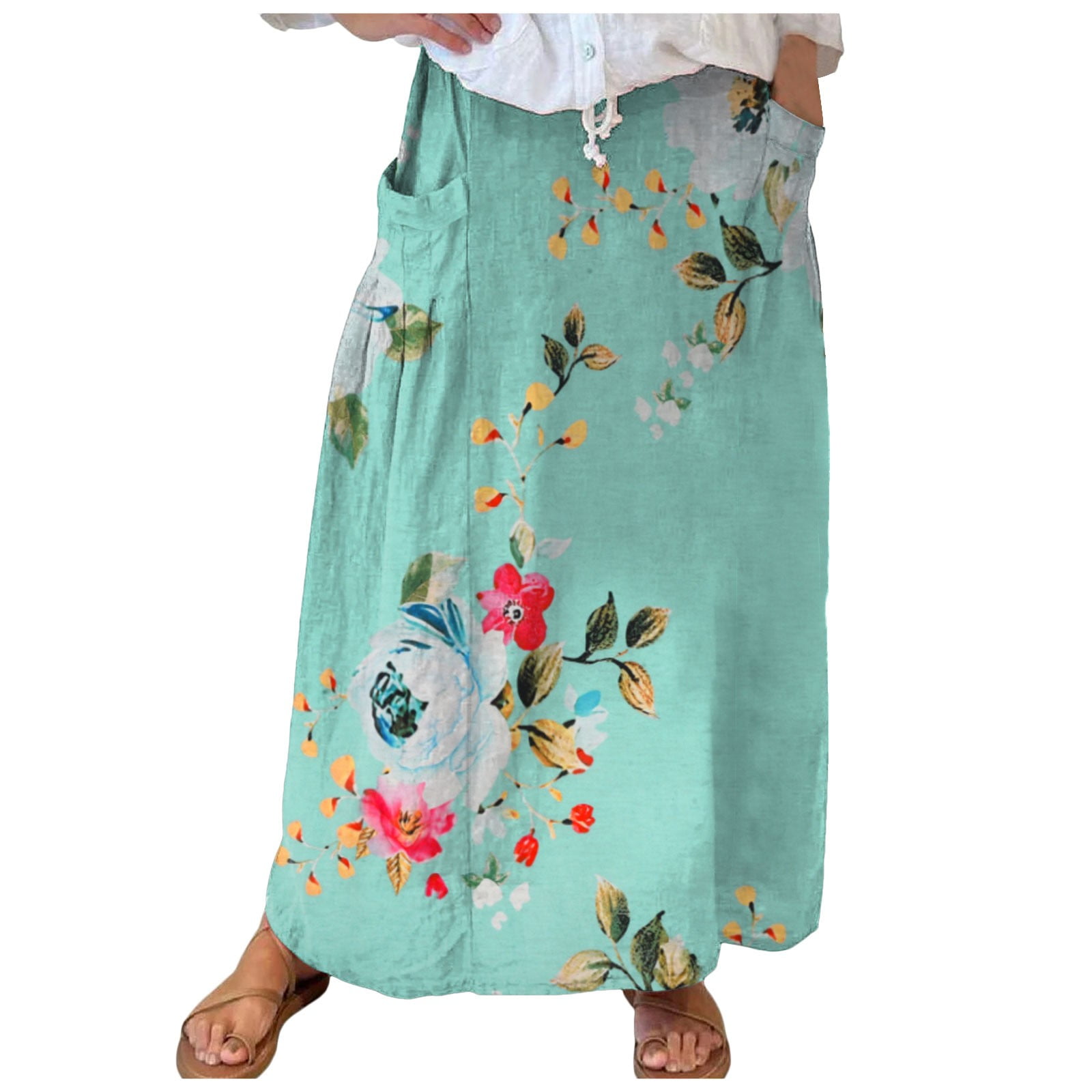 【Cozy&Kitsch】One Pocket Shirring Long Skirt Fsqjgq Skirts for Women Plus Size Maxi Skirts for Women Boho