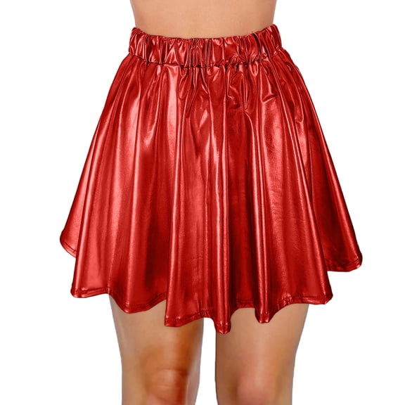 Fsqjgq Skirts for Women Denim Skirt Red Black Silk Skirt Office Dresses for Women High Waist Pleated Loose Short Skirt Metallic Skater Skirt Sparkly Shiny Flared Pleated A Line Mini Skort XL