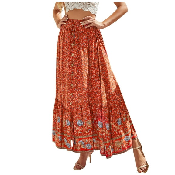 Fsqjgq Skirts for Women Long Maxi Skirts for Women Boho Floral Maxi Skirt High Waisted Long Skirt Fashion Print Casual Lace Button Ruched Ruffles Bohemian Skirts Plus Size Midi Skirt Business Ca XL