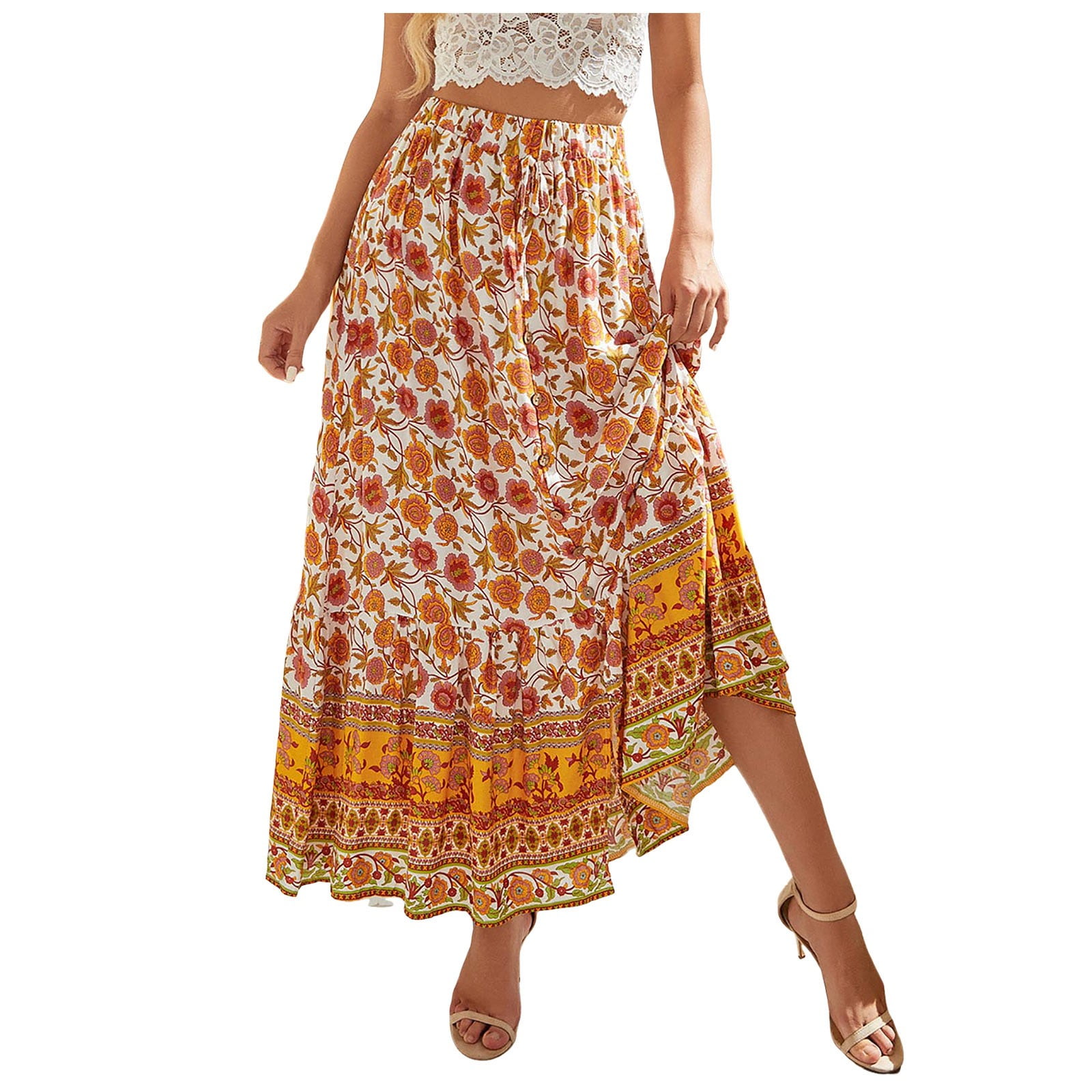 【Cozy&Kitsch】One Pocket Shirring Long Skirt Fsqjgq Skirts for Women Plus Size Maxi Skirts for Women Boho