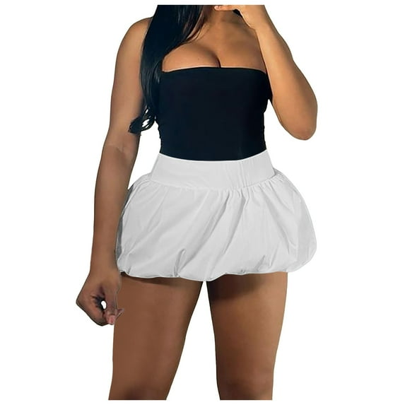 Fsqjgq Skirts for Women Plus Size Trendy Casual Pleated Skirts Women Bubble Skirt High Elastic Waist Ruffle Flared Mini Skirts Layered Pleated Balloon Short Skirts Black Skirts for Women Goth Sk M