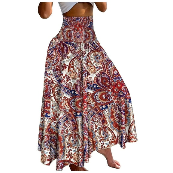 Fsqjgq Skirts for Women with Pockets Trendy Casual Pleated Skirts Maxi Skirts for Women Summer Bohemian Lace Up Floral Print Flowy Long Skirt Loose Split Boho Skirt Plus Size Skirts for Curvy Wo S