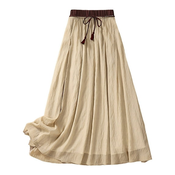 Fsqjgq Skirts for Women Sexy Cotton Linen Skirts for Women Maxi Skirts Summer A Line Elastic Waist Front Strap Skirt Embroidery Vintage Midi Skirts Jean Skirts for Women Denim Business Casual Sk M