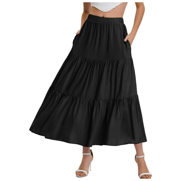 Fsqjgq Skirts for Women Sexy Trendy Casual Pleated Skirts Maxi Skirts for Women Summer Bohemian Elastic Waist A Line Skirt Flowing Ruffles Hem Tiered Maxi Skirt With Pockets Mini Skirts for Wome 2XL