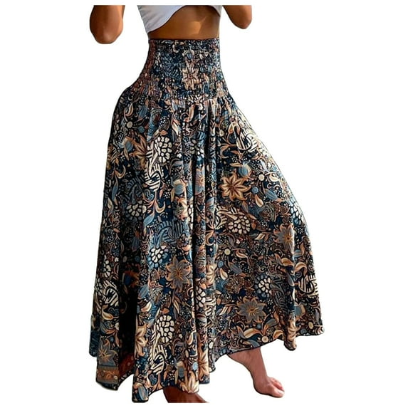 Fsqjgq Skirts for Women Sexy Trendy Casual Pleated Skirts Maxi Skirts for Women Summer Bohemian Lace Up Floral Print Flowy Long Skirt Loose Split Boho Skirt Flowy Maxi Skirt Business Casual Skir S