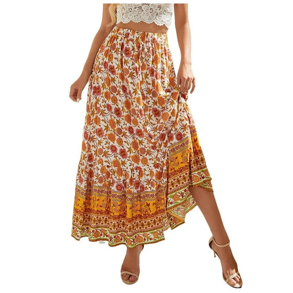 Fsqjgq Skirts for Women Short Maxi Skirts for Women Boho Floral Maxi Skirt High Waisted Long Skirt Fashion Print Casual Lace Button Ruched Ruffles Bohemian Skirts Navy Blue Skirt for Women Y2K S XL