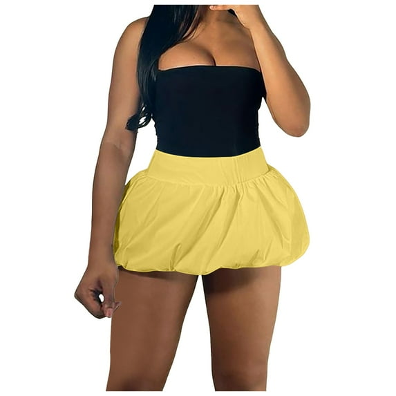 Fsqjgq Skirts for Women Short Trendy Casual Pleated Skirts Women Bubble Skirt High Elastic Waist Ruffle Flared Mini Skirts Layered Pleated Balloon Short Skirts Cargo Skirts for Women Business Ca L