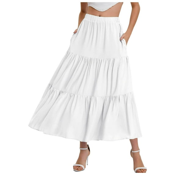 Fsqjgq Skirts for Women Short Trendy Casual Pleated Skirts Maxi Skirts for Women Summer Bohemian Elastic Waist A Line Skirt Flowing Ruffles Hem Tiered Maxi Skirt With Pockets Black Maxi Skirt Y2 2XL
