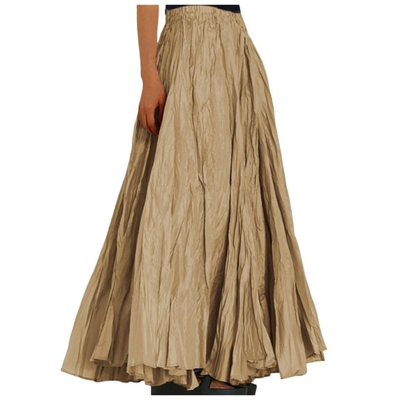 Fsqjgq Skirts for Women Skirts Khaki Midi Denim Skirts for Women Trendy Women's Linen Skirts Womens Fashion Casual High Waist Fold A Dress Soild Vintage Loose Beach Wrap Maxi Long Skirt L