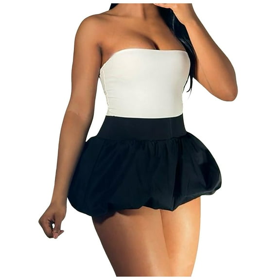 Fsqjgq Skirts for Women To The Knees Trendy Casual Pleated Skirts Women Bubble Skirt High Elastic Waist Ruffle Flared Mini Skirts Layered Pleated Balloon Short Skirts with Shorts Underneath Goth M