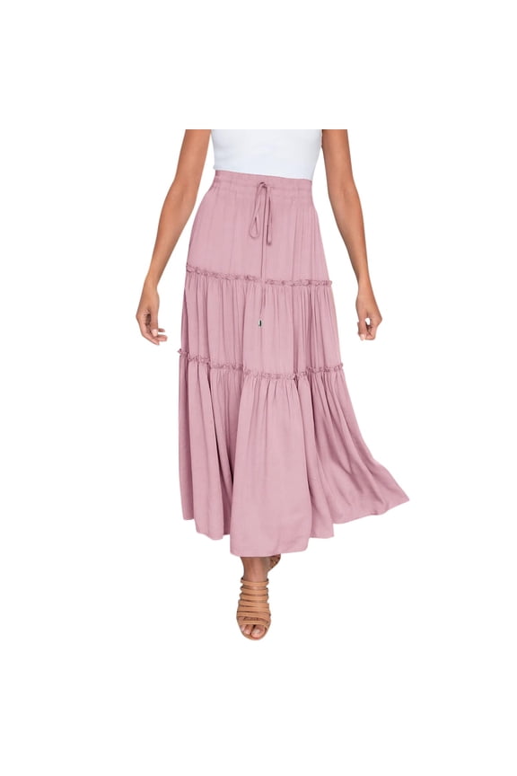 Skirts for Women Preppy Vintage Skirt Women’S Elastic High Waist Boho Maxi Skirt Ruffle A-line Swing Long Skirts Pink S