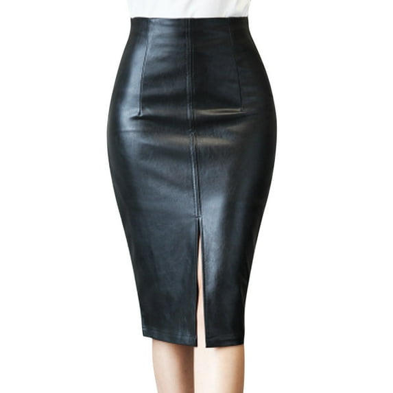 Fsqjgq Skirts for Women Trendy Black Skirt with Slit Womens Leather Body-Con Skirt High Waist Office Slim Split Skirt Knee Length Black L
