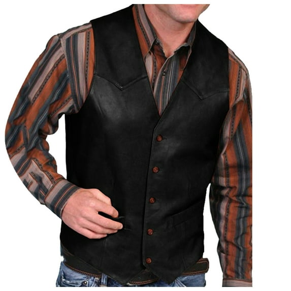 Fsqjgq Sleeveless Shirts for Men Button Solid Leather V Neck Pocket Retro Vest Mens Blouse Coat Jackets Black M