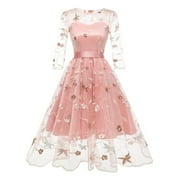 Fsqjgq Spring Dresses for Women 2024 Female A-Line Women's Long Dress Hollow Hand Embroidered Flower Pattern With Belt Open Back Transparent Tulle Pink Evening Dress Pink Size M