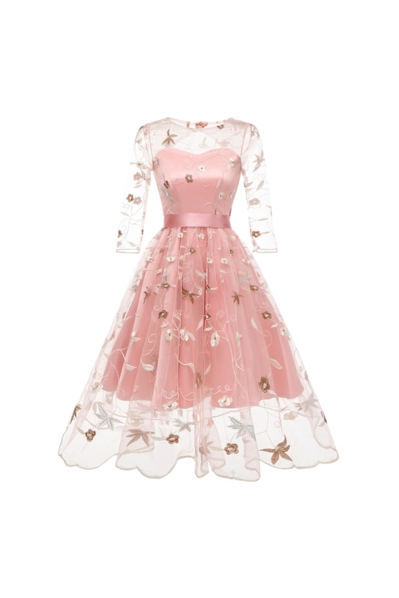 Spring Dresses for Women 2024 Female A-Line Women's Long Dress Hollow Hand Embroidered Flower Pattern With Belt Open Back Transparent Tulle Pink Evening Dress Pink Size M