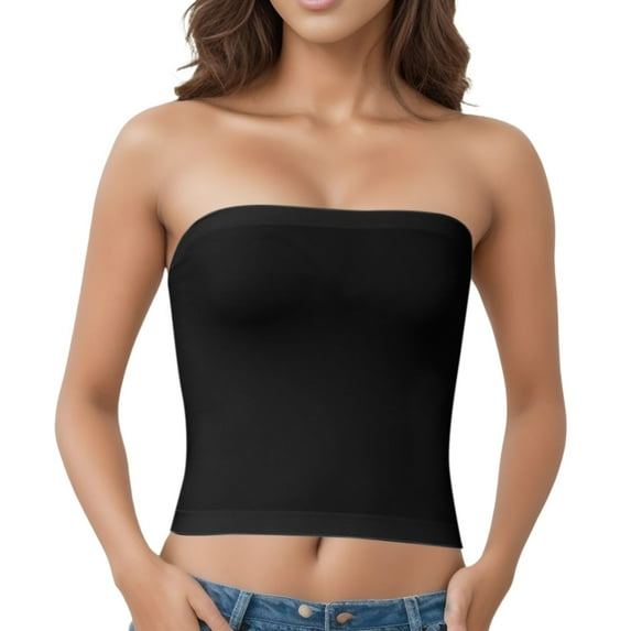 Fsqjgq Strapless Bras for Women Seamless Long Bralettes Tube Top Solid Full Coverage Lightly Lined Pullover T-Shirt Bras Comfort Wireless Bras Black One Size
