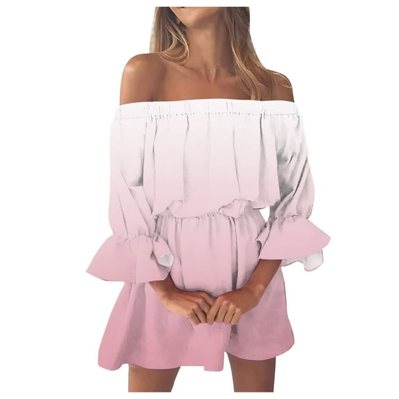Fsqjgq Summer Dress Corset Dress Party Dress Summer Dresses for Women Midi Vintage Print Beach Vacation Dresses Off Shoulder Tunic Casual Loose Fit Bell Sleeve Mini Dress Ribbed Knit Ruffle Swing 2XL