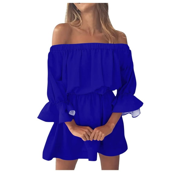 Fsqjgq Summer Dress Corset Dress Party Dress Tunic Dress Vintage Print Beach Vacation Dresses Sexy Off Shoulder Tunic Casual Loose Fit Bell Sleeve Mini Dress Summer Casual Boho Dress L