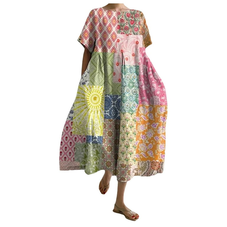 Fsqjgq Summer Dress Prom Dresses Party Dress Older Womens Summer Dresses  Womens Summer Flowy Oversized Baggy Boho Floral Casual Loose Long Dress  Boho Vacation Dresses T Shirt Dress Swing Mini Dre S -