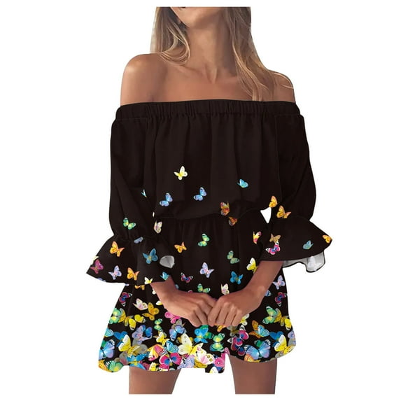 Fsqjgq Summer Dress for Women Party Dress Plus Size Summer Dresses for Curvy Women Vintage Print Beach Vacation Dresses Off Shoulder Tunic Casual Loose Fit Bell Sleeve Mini Dress Boho Floral Prin XL