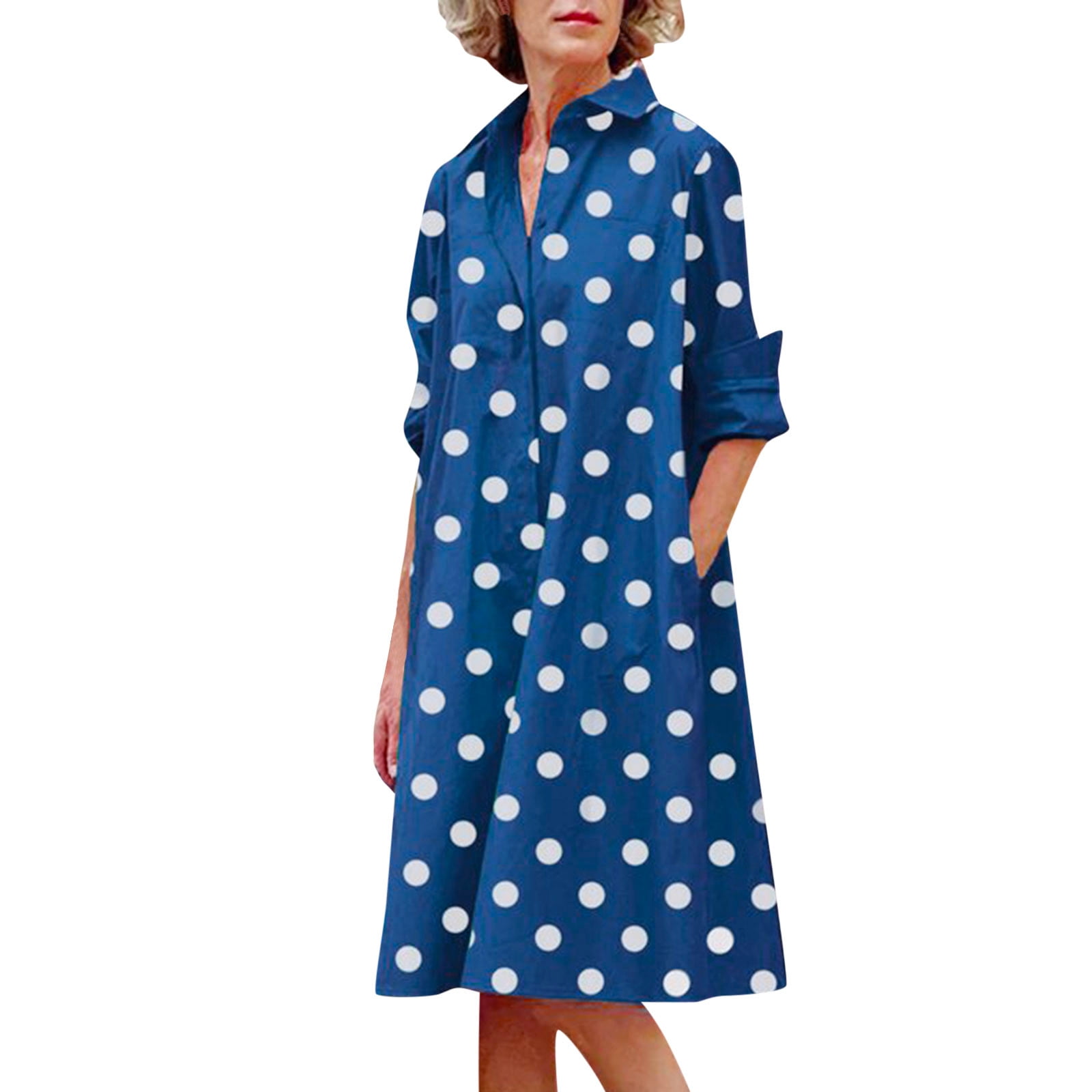 Fsqjgq Summer Dresses 2024 Polka Dot Print Shirt Dress for Women Turn