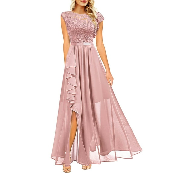 Fsqjgq Summer Dresses 2024 Women Sleeveless Long Evening Dress Wedding Guest Formal Occasion Dresses with Belts Split Ruffles Party Dress Pink Xl
