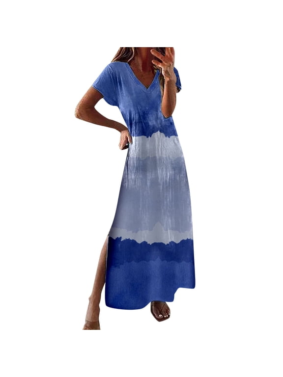 Summer Dresses 2024 Women's Maxi Dress Colorful Gradient Tie Dye Sundress Short Sleeve V Neck Casual Loose Long Beach Split Dresses Blue M