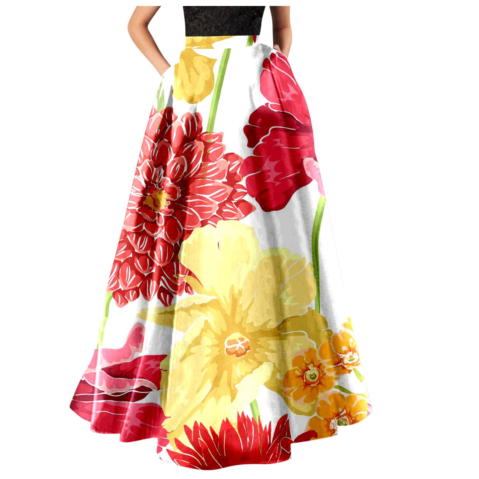 Générique Women Bohemian Floral Print Maxi Skirt High Waist Pocket Party Beach Long Skirt Terracotta Cocktail, Black, S