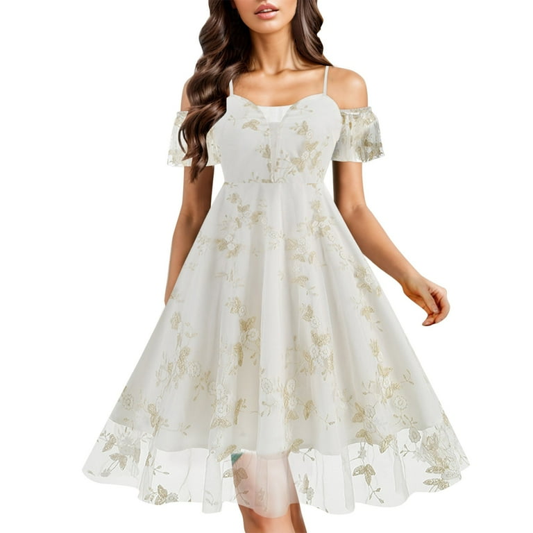 White V-Neck Lace Embroidery Party Dress
