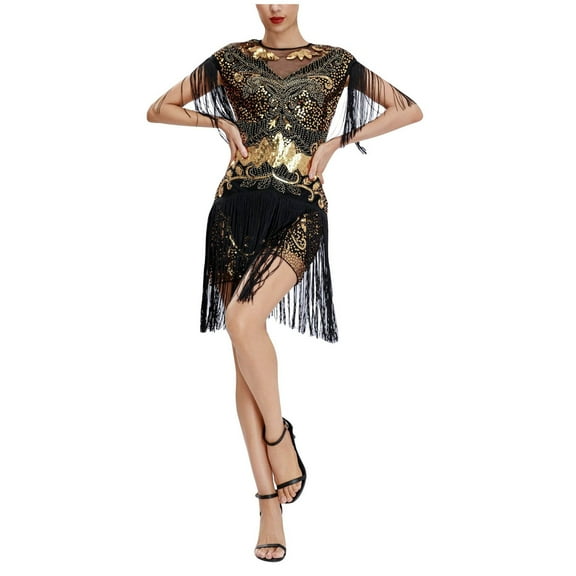Fsqjgq Summer Dresses for Women 2024 Evening Party Dress Elegant Formal Black Dress Vintage Dress 1920s Flapper Short Dress Sequin Beaded Fringe Dress for Party Black Dress Mini Dress Wo XL